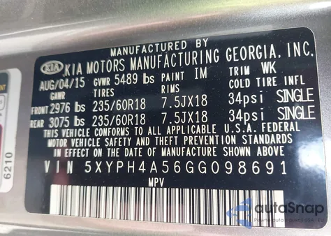 2016 Kia Sorento 3.3L Ex from USA, damaged, VIN 5XYPH4A56GG098691